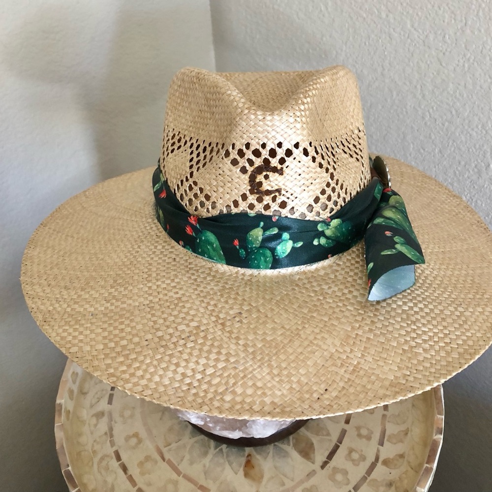 Natural Straw Fedora Hat with Green Cactus Band